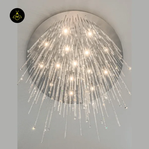 Close-up of cascading crystal strands and warm lights on the surface-mounted crystal chandelier