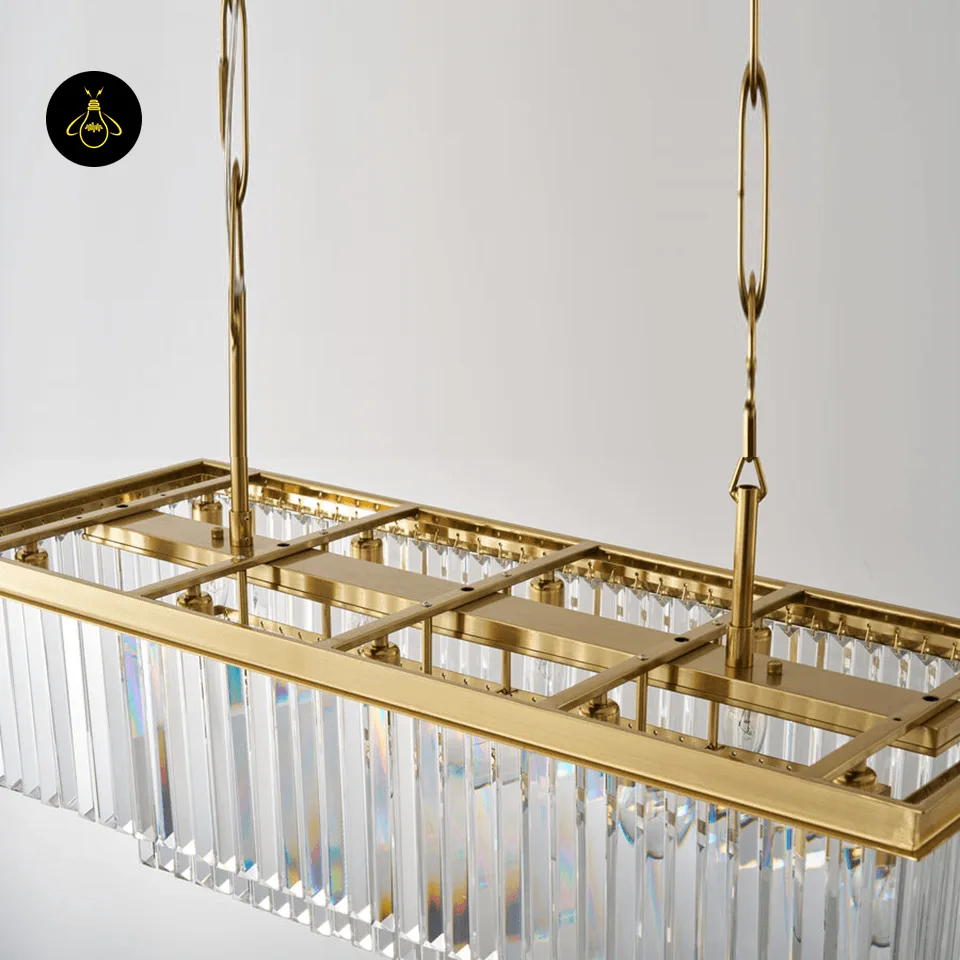 Rectangular Crystal Chandelier – Satin Gold 2-Tier Eternal Shine 4 Close-up of clear faceted crystal prisms on a satin gold crystal chandelier