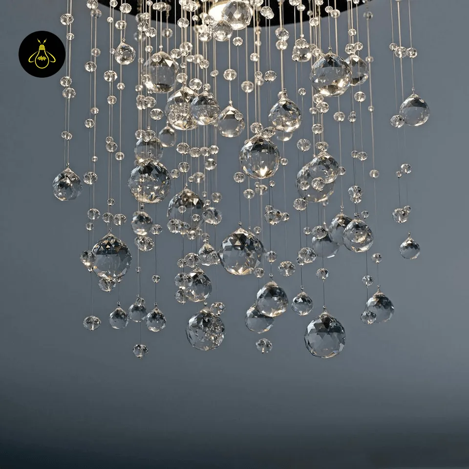 Crystal Ball Chandelier – Gold or Black, Stainless Steel Mirror 3 Close-up of crystal raut balls on the chandelier – Jagmag Lights