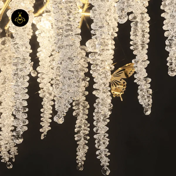 Close-up of clear crystal bead strands on the wisteria branch chandelier