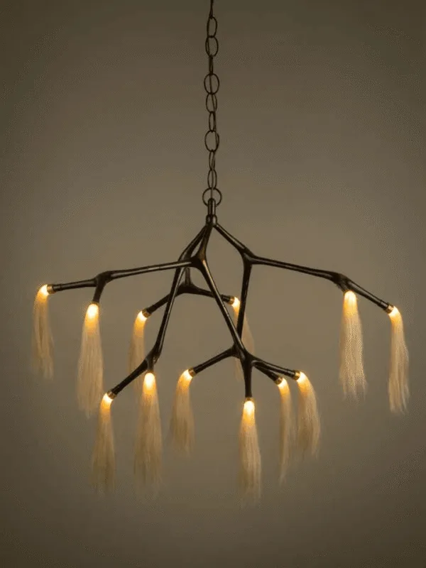 Bronze horsehair chandelier with 12 lit branch arms and cream horsehair tassels
