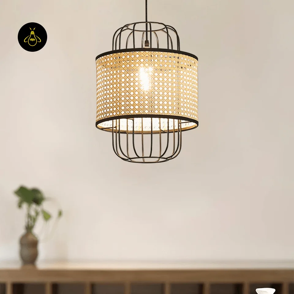 Woven Rattan Pendant Light – Black Cage Lantern, 40 cm 3 Close-up of natural woven rattan cane webbing on the pendant light shade