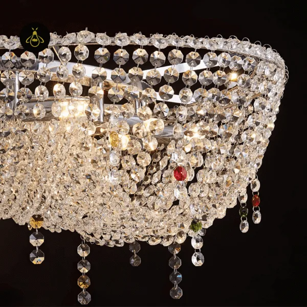 Close-up of clear faceted crystal beads on the linear crystal chandelier