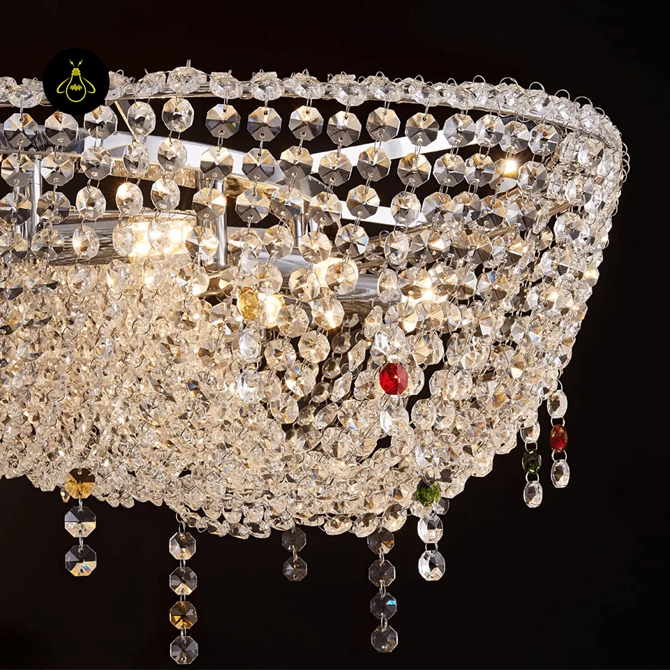 Linear Crystal Chandelier – 165 cm K9 Crystal, Chrome Finish, for Dining Room 6 Close-up of clear faceted crystal beads on the linear crystal chandelier