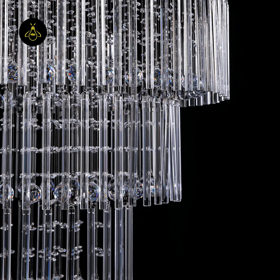 Raindrop Crystal Chandelier – Multi-Tier K9 Cascade for Staircase & Foyer 4 Close-up of K9 crystal rods and faceted balls on the stainless-steel plate of the raindrop crystal chandelier