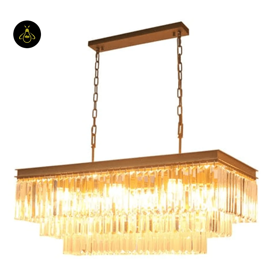 Rectangular Crystal Chandelier – Satin Gold 2-Tier Eternal Shine 5 Satin gold ceiling canopy and chain of the crystal chandelier