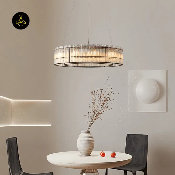 Modern ring chandelier above a round dining table with a crystal-like sparkle