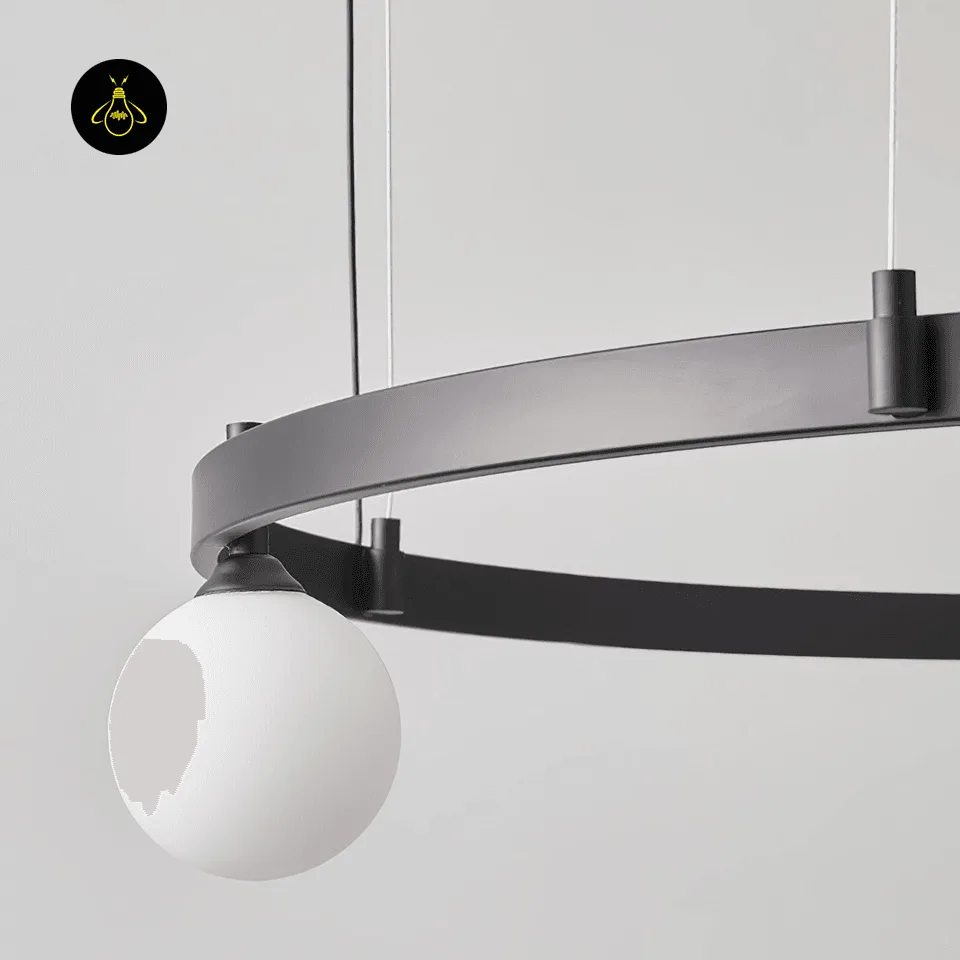 Modern Glass Chandelier – 6-Globe Black Ring, 82 cm Diameter 2 Opal-white glass globe and matte-black ring detail of a modern glass chandelier