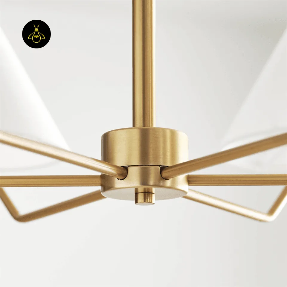 Modern Fabric Chandelier – 6-Light Brass with White Shades, 96 cm 3 Close-up of the brass arm and finish on the modern fabric chandelier
