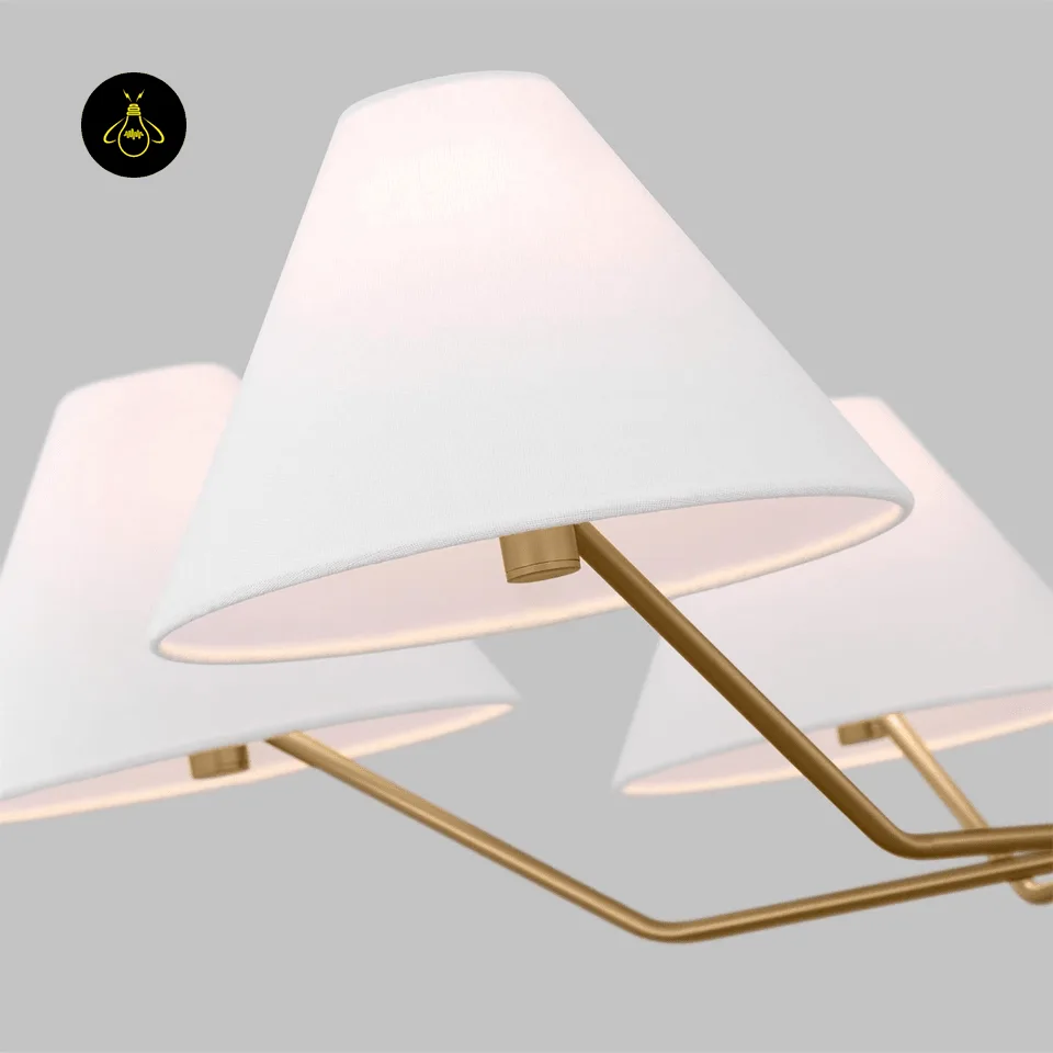 Modern Fabric Chandelier – 6-Light Brass with White Shades, 96 cm 4 Close-up of a white fabric empire shade on the modern fabric chandelier