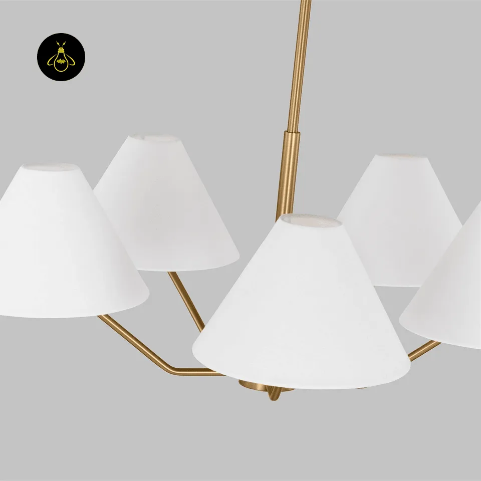 Modern Fabric Chandelier – 6-Light Brass with White Shades, 96 cm 5 White fabric shade detail showing the soft diffused light on the brass chandelier