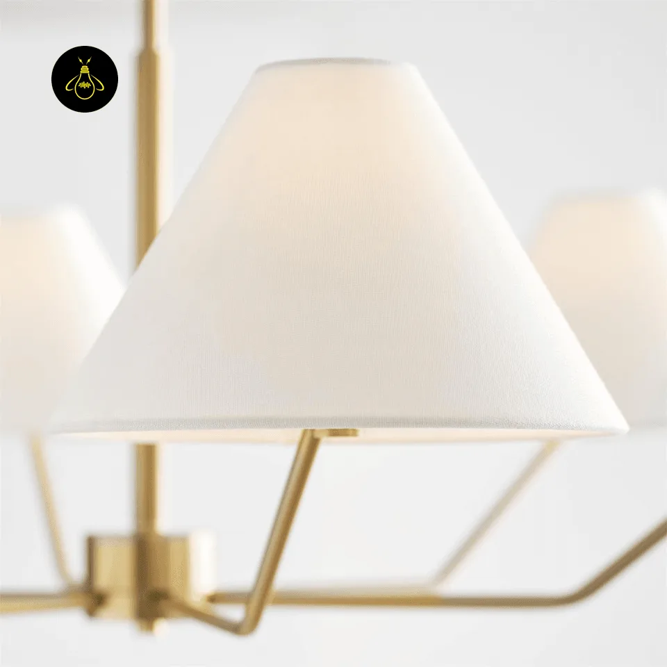 Modern Fabric Chandelier – 6-Light Brass with White Shades, 96 cm 6 Texture of the white fabric shade that softens the light on the modern fabric chandelier