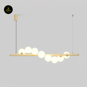Close-up of white opal glass globes on the wave linear glass ball chandelier