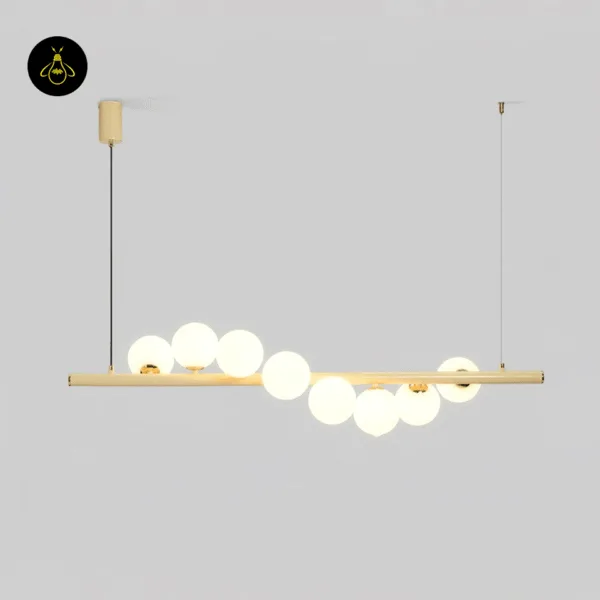 Close-up of opal borosilicate glass globes on the wave linear glass ball chandelier