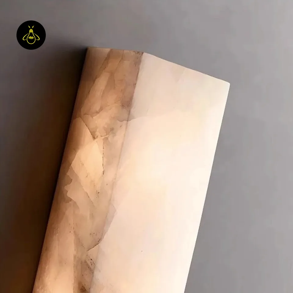Alabaster Outdoor Wall Light – 65 cm IP65 Stone Sconce 3 Close up of alabaster outdoor wall light showing natural beige and brown stone veining