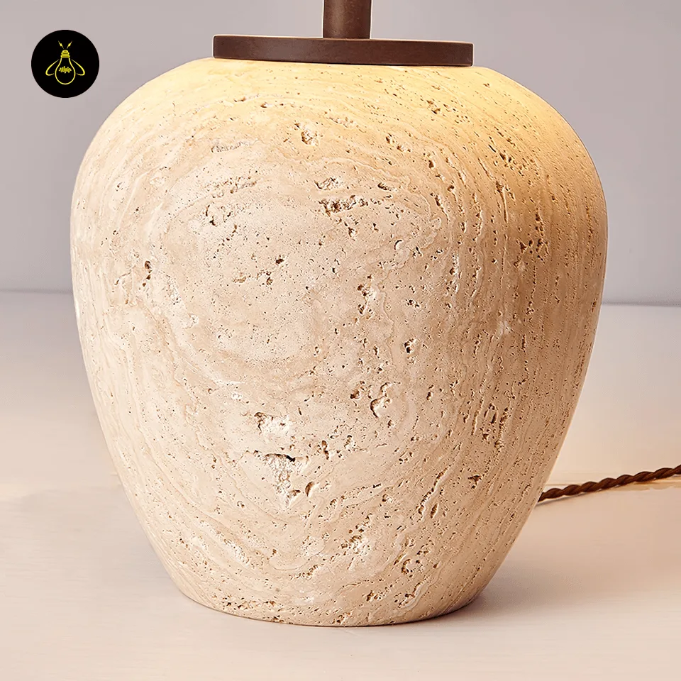 Travertine Finish Table Lamp with Fabric Shade – Hand-Polished Coating on Ceramic, 56 cm 5 Close-up of yellow travertine-finish ceramic base on the table lamp