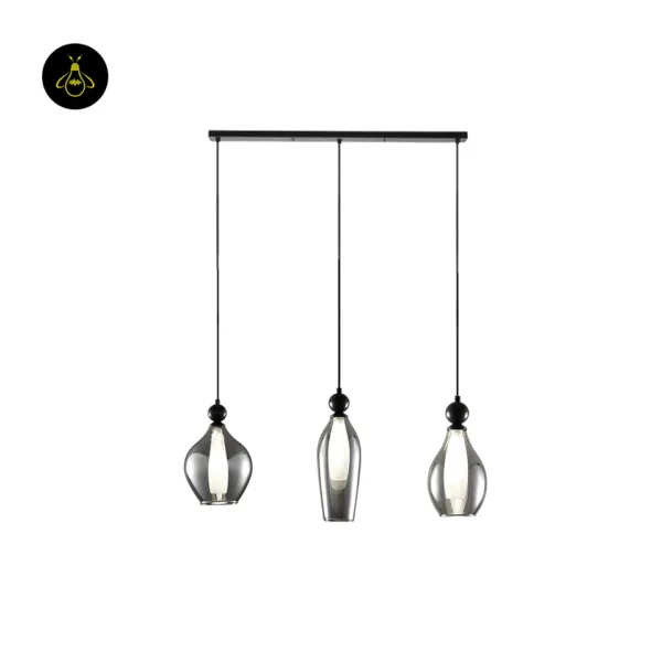 Black smoked glass pendant light cluster, three teardrop shades on a 60 cm linear stainless steel canopy