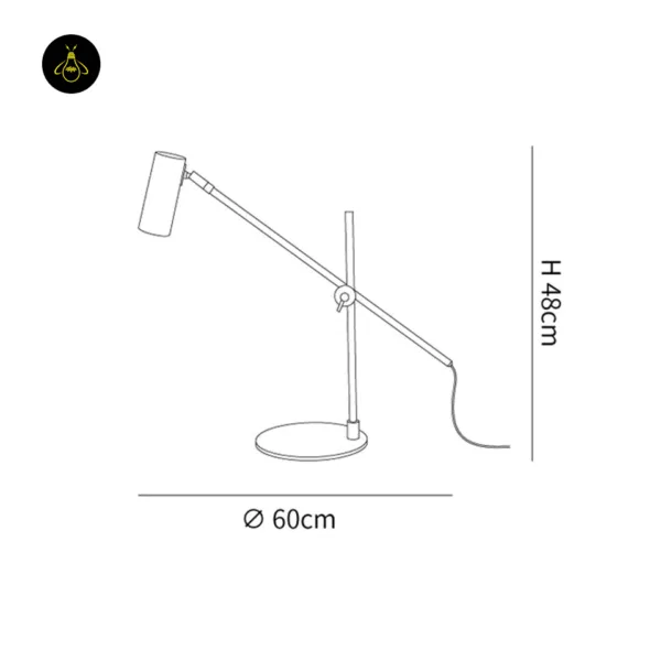 Brass desk lamp dimensions: 48 cm height and 60 cm reach line drawing