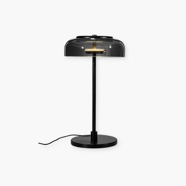 Black glass table lamp with smoked dome shade and stainless steel base for contemporary home decor