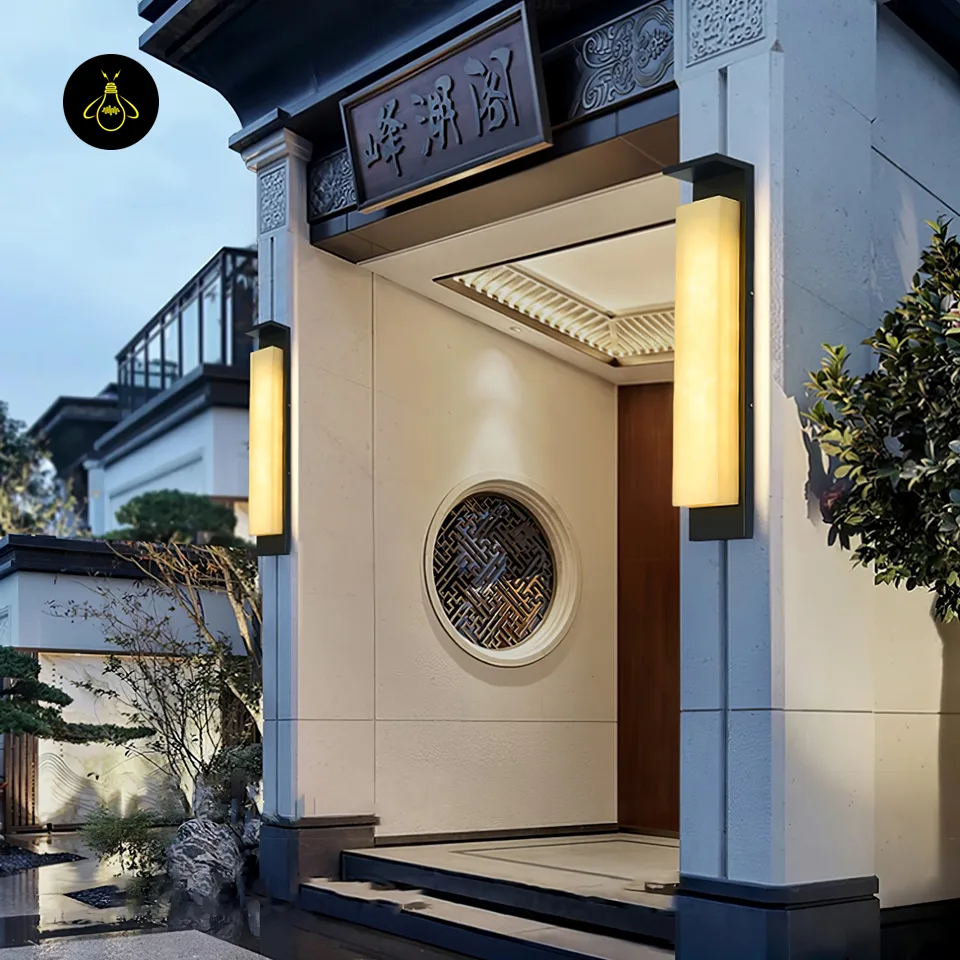 Weatherproof IP65 Outdoor Wall Light – Black Alabaster Sconce, 94 cm 3 Tall weatherproof IP65 outdoor wall light with alabaster panel beside a covered doorway