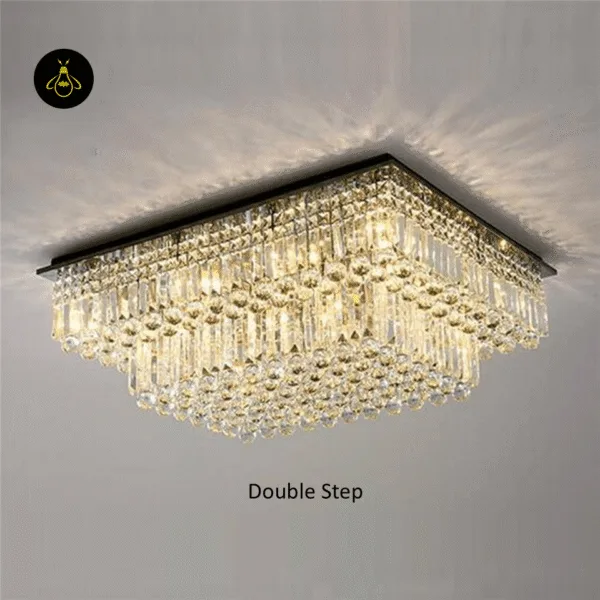 Square crystal flush mount chandelier in double-step crystal tier configuration