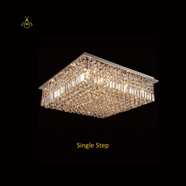 Square crystal flush mount chandelier in single-step shallow configuration