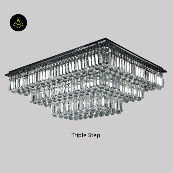 Square crystal flush mount chandelier in triple-step deep crystal cascade