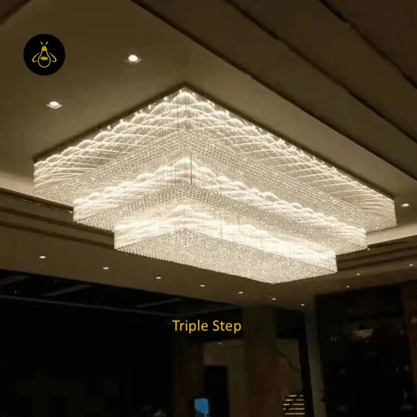Rectangular crystal flush mount chandelier in triple-step design
