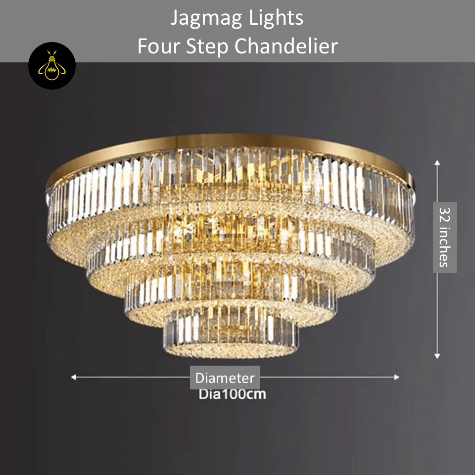 Crystal Ceiling Chandelier – Round Flush-Mount K9, 6 Sizes 10 Four-tier gold crystal ceiling chandelier, 32-inch flush mount, Dia 100 cm