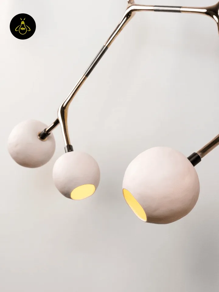 Cluster Chandelier – 15-Light Glass Globe Bronze Branch Design, 140 cm 3 Cream opal glass globes on the bronze branch cluster chandelier, close detail