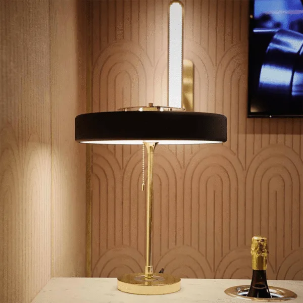 Warm reflective underside of the retro study lamp disc shade casting downward light
