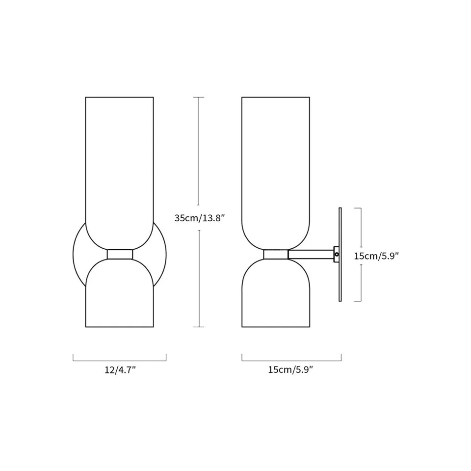 Up Down Wall Light – Opal Glass Wall Sconce, Satin Brass Finish, 35 cm 4 Dimension drawing of the wall sconce for bedroom: 35 cm high, 12 cm wide, 15 cm projection, 15 cm backplate