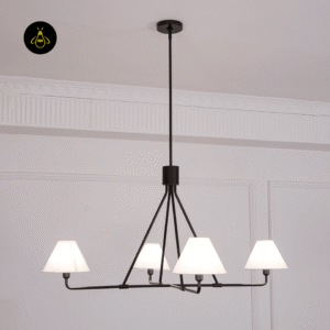 Detail of the minimalist black metal frame on the white fabric chandelier