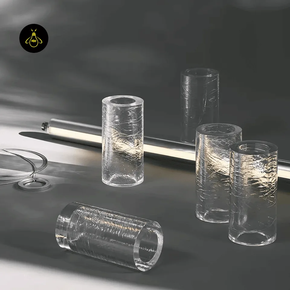 Glass Tube Chandelier – 6 Segmented Glass Tubes, Chrome Finish, 125 cm 4 Chrome stainless steel end caps and clear borosilicate glass segments of the linear glass chandelier