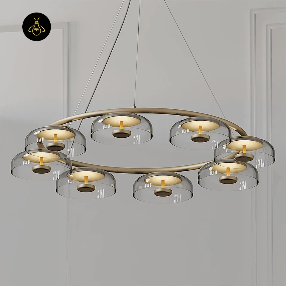 Glass Dome Chandelier – 8-Light Brass LED Ring, 100 cm 2 Detail of the brass disc and integrated LED of the glass dome chandelier