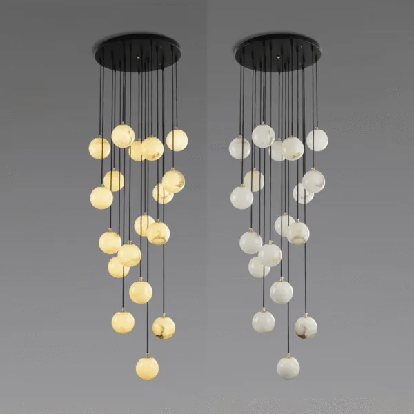 Detail of the stainless steel frame and brass-finish caps on the alabaster ball chandelier