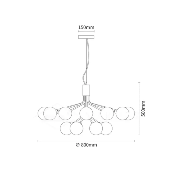 Glass globe chandelier dimensions diagram showing 80 cm diameter, 50 cm height and 15 cm canopy
