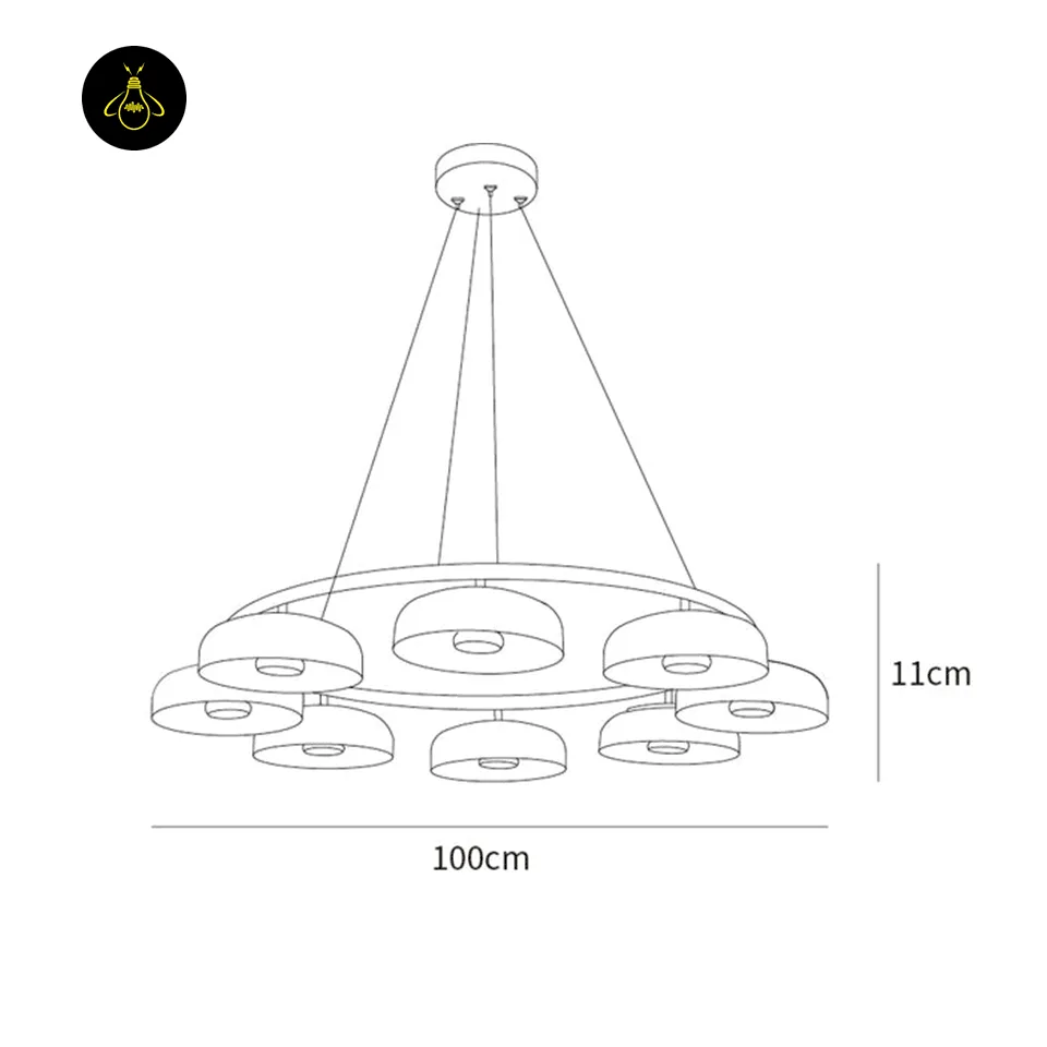 Glass Dome Chandelier – 8-Light Brass LED Ring, 100 cm 4 Glass dome chandelier dimensions diagram – 100 cm diameter and 11 cm height