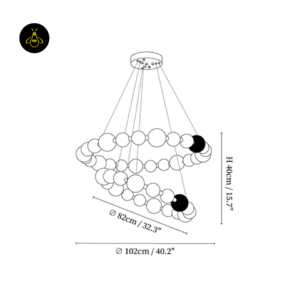 Pearl chandelier dimensions drawing showing two tiers of 82 cm and 102 cm diameter and 40 cm height