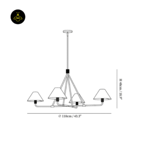 Dimension drawing of the white fabric chandelier, 110 cm diameter and 48 cm height