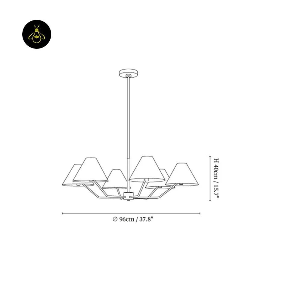Modern Fabric Chandelier – 6-Light Brass with White Shades, 96 cm 8 Dimension drawing of the modern fabric chandelier, 96 cm diameter and 40 cm height