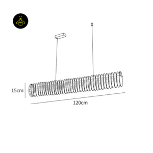 Linear LED chandelier dimension drawing showing 120 cm length and 15 cm diameter