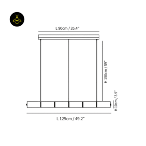 Dimension drawing of the 125 cm linear LED chandelier showing 90 cm canopy and 150 cm drop