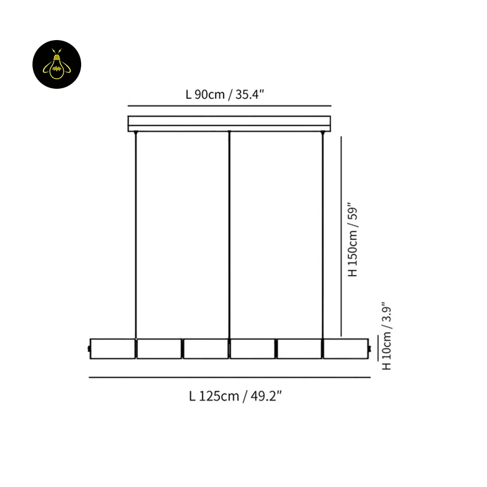 Glass Tube Chandelier – 6 Segmented Glass Tubes, Chrome Finish, 125 cm 5 Dimension drawing of the 125 cm linear LED chandelier showing 90 cm canopy and 150 cm drop