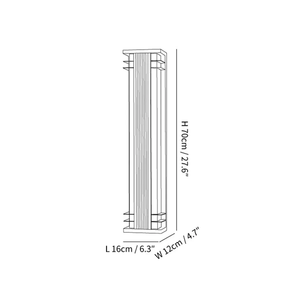 Outdoor Wall Sconce – 70 cm Tall Black & Brass IP65 LED Light 4 Outdoor wall sconce dimensions showing 70 cm height, 16 cm width and 12 cm projection