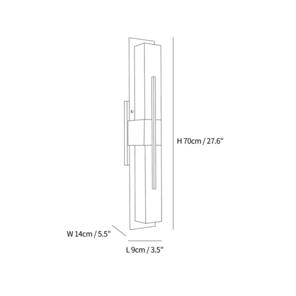 Alabaster outdoor wall light dimensions drawing: height 70 cm, width 14 cm, depth 9 cm