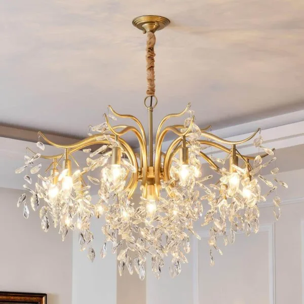 Cascading crystal beads strung across the chandelier frame