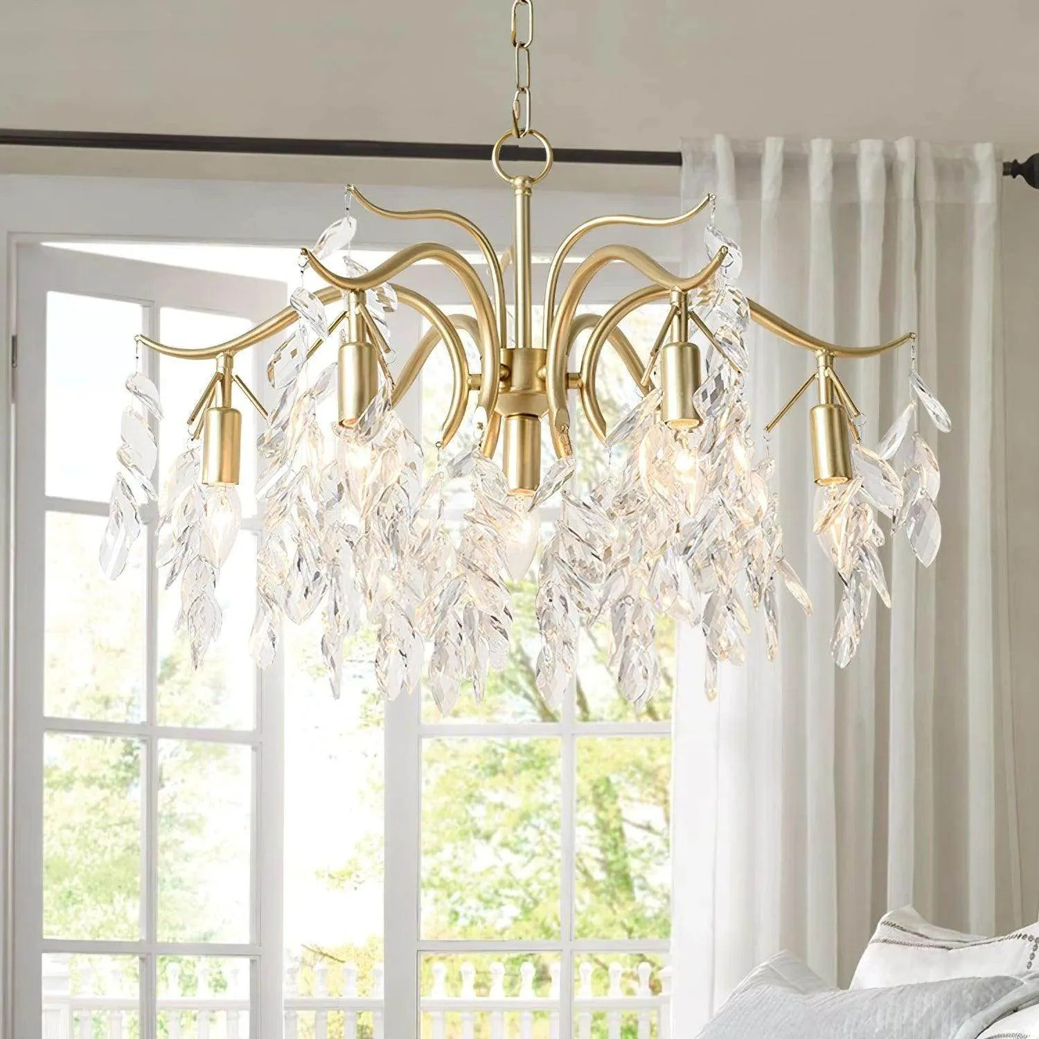 Crystal Beaded Chandelier – Stainless Steel Frame 3 Beaded crystal chandelier hanging in a living room