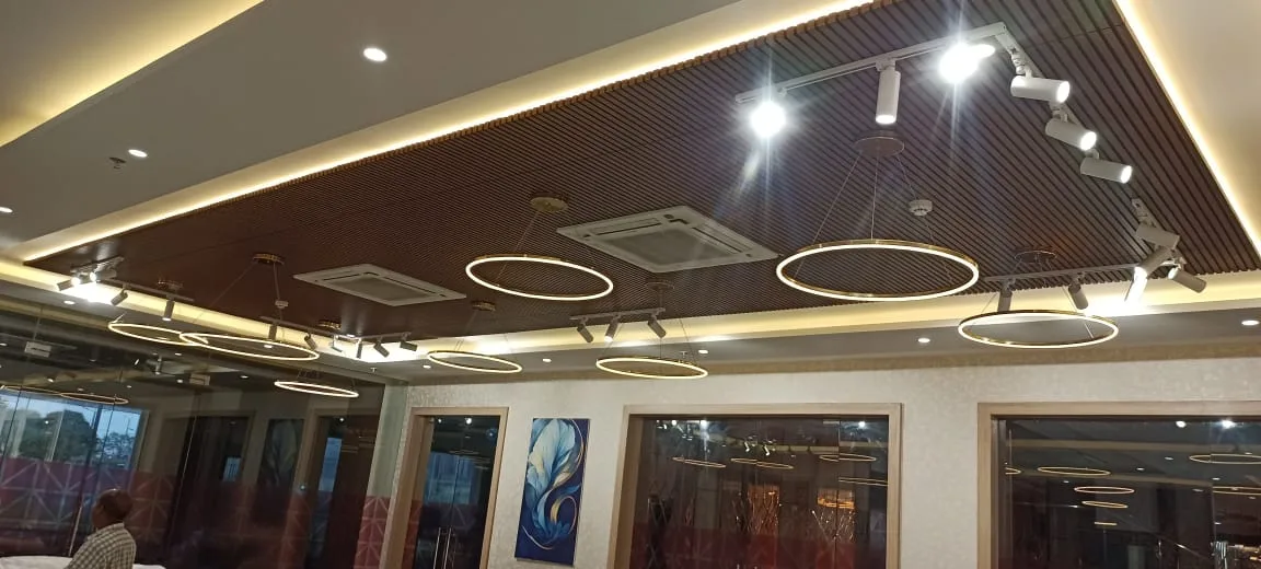 Clubhouse Temple Chandelier Project at SKA Divya Towers: One Society, Two Moods 4 Double ring LED profile chandeliers in the SKA Divya Towers clubhouse lounge