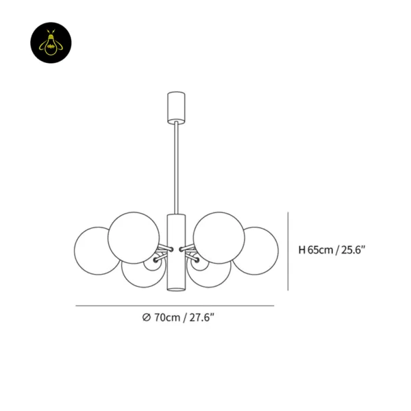 Dimension drawing of the modern brass chandelier, 70 cm diameter and 65 cm height